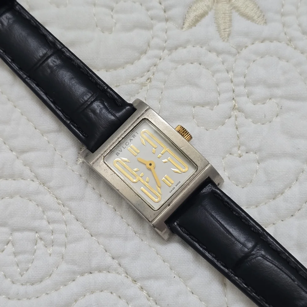 BVLGARI Rettangolo Quartz RT39S Ladies Watch Italian Luxury Black Leather Strap
